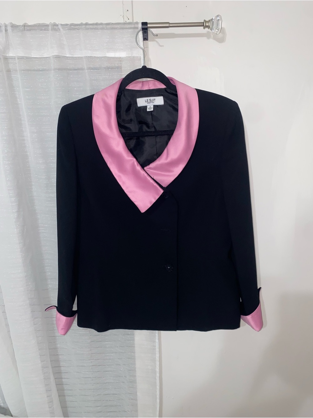 Le Suit Black Blazer with Pink Satin Shawl Collar